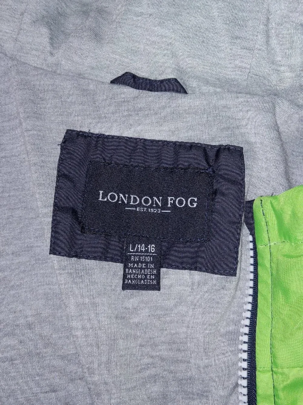 Boys London Fog Windbreaker Jacket L 14/16 Hooded Lightweight Green Gray